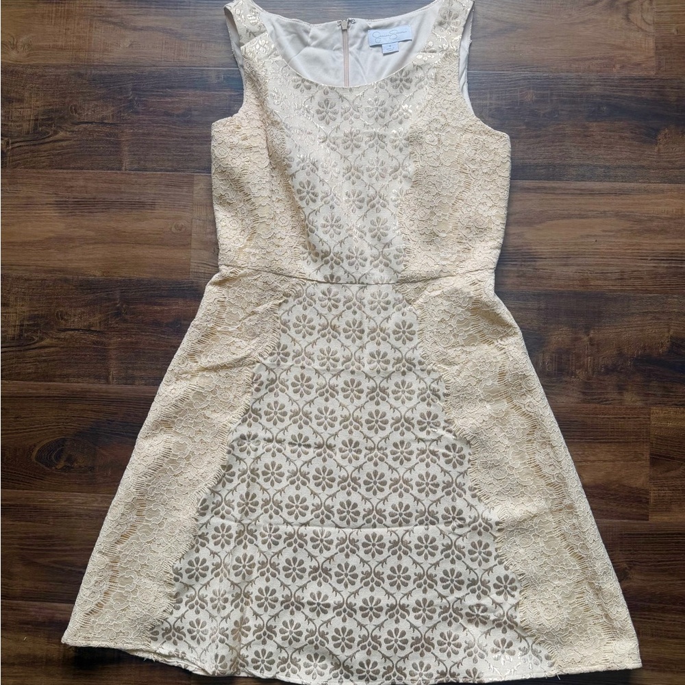 Jessica Simpson Gold and Cream Lace Dress, Size 8